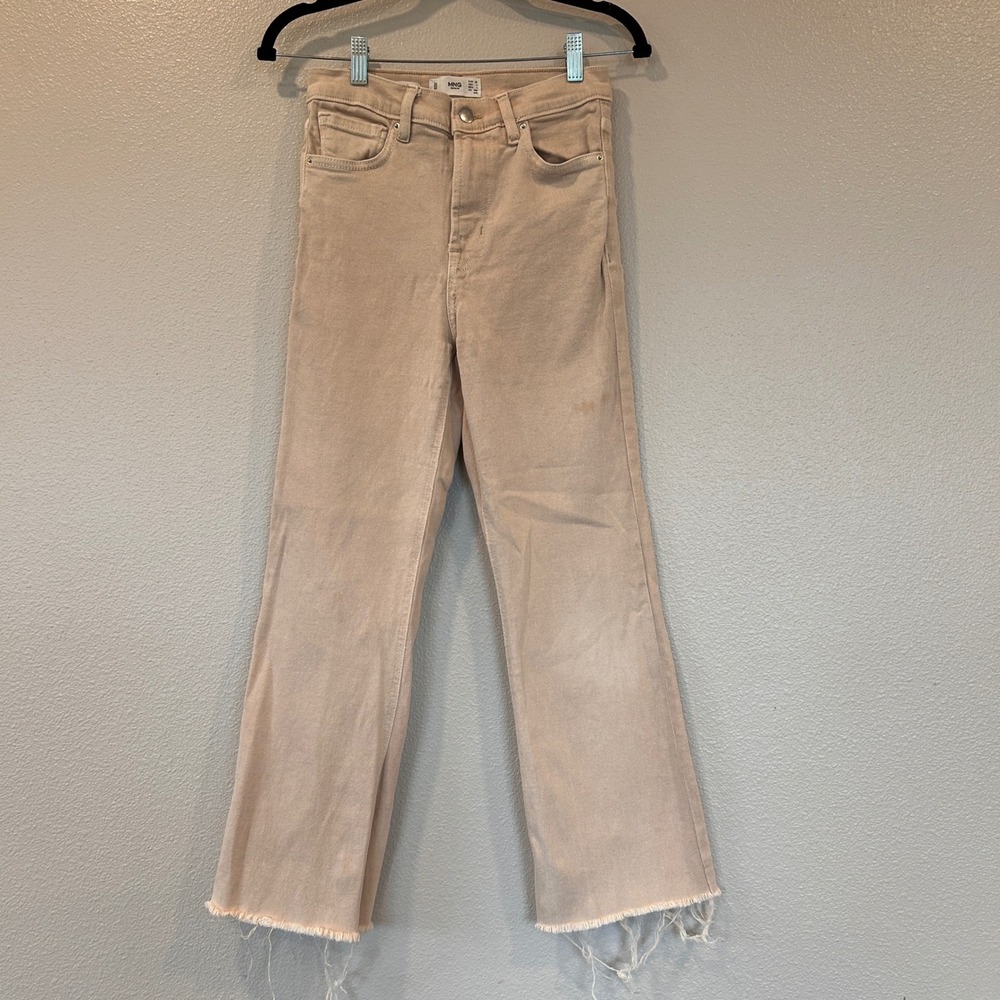 Mango MNG Denim Sienna High Rise Straight Leg Jeans Tan Beige Frayed Hem Sz 4